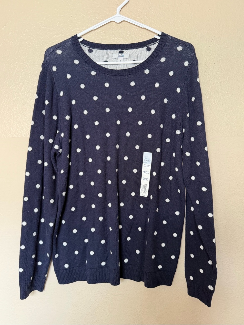 Croft & Barrow Polka Dot Navy Crewneck Sweater - White Dot Knit